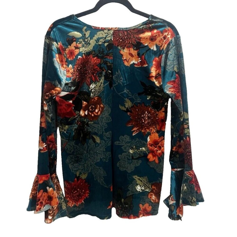 Venus Velvet Top Blouse Floral  Wrap Bell Flare Long Sleeve Large - Picture 9 of 9